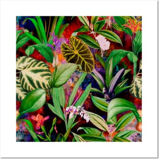 Stylish Tropical floral leaves and foliage botanical illustration, botanical pattern, tropical plants, blue orange leaves pattern over a Posters and Art